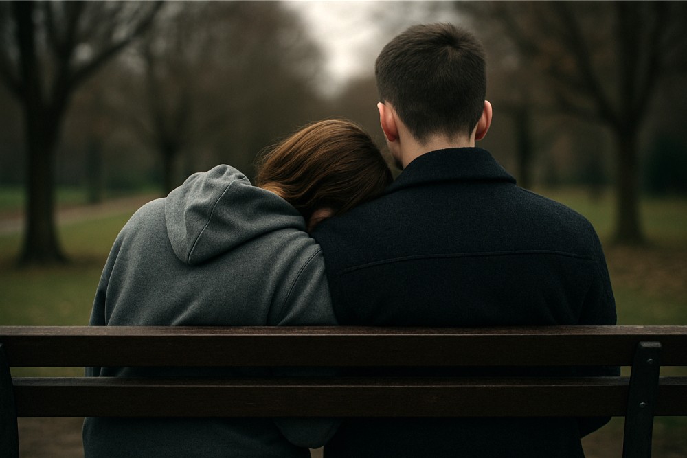 To personer sitter tett sammen på en benk i en trøstende stund.